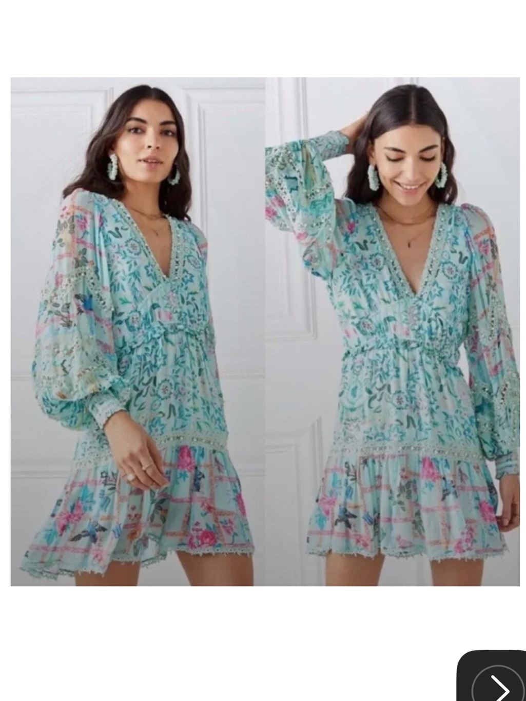 Hement And Nandita Teal Cosmic Long Sleeve Pearl Embellished Mini Dress